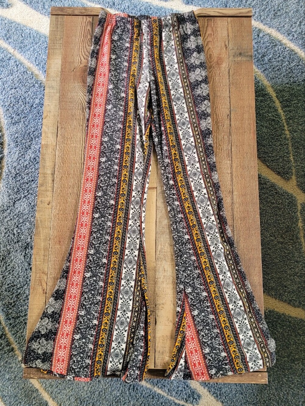 eye candy Striped Boho Wide-Leg Pants in Black, White, Coral & Mustard, Medium